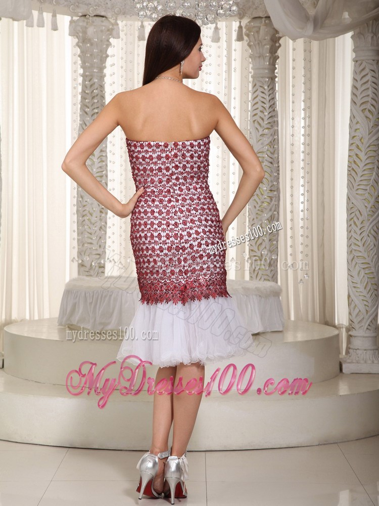 White Mermaid Strapless Knee-length Lace Prom Celebrity Dresses