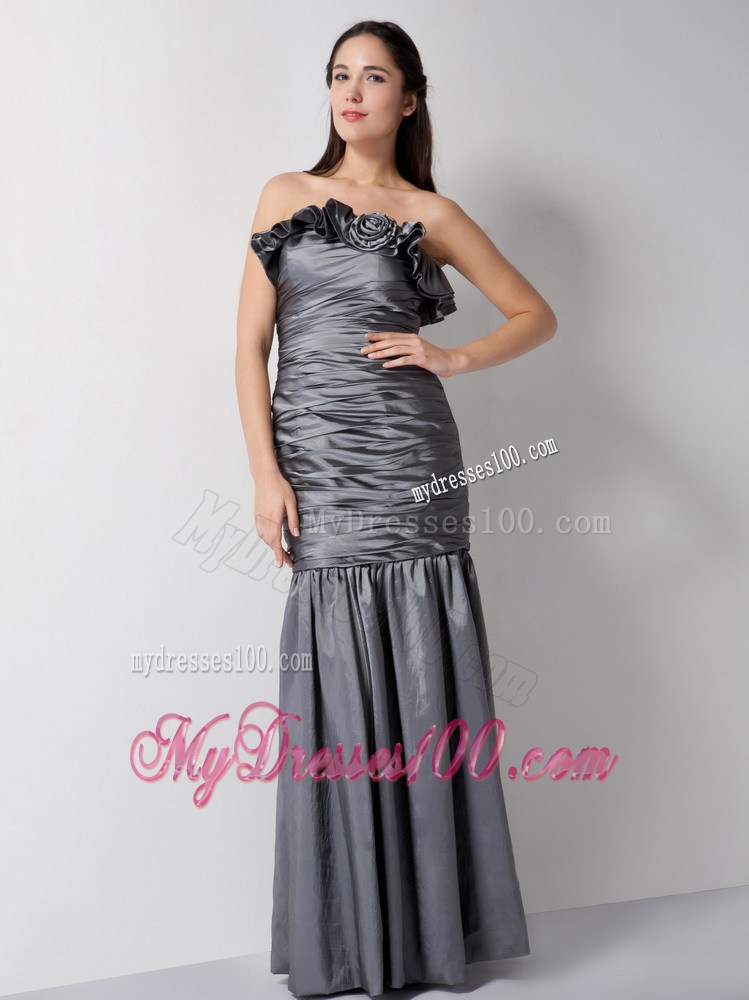 Ruffles Strapless Gray Celebrity Dresses with Hand Made Flowers