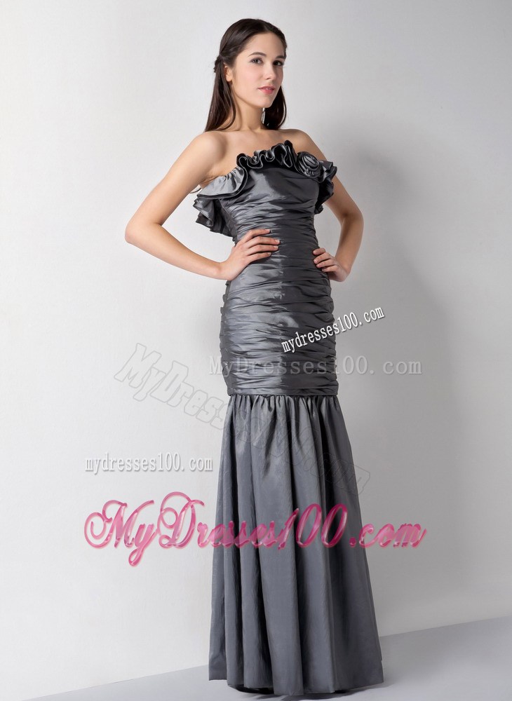 Ruffles Strapless Gray Celebrity Dresses with Hand Made Flowers