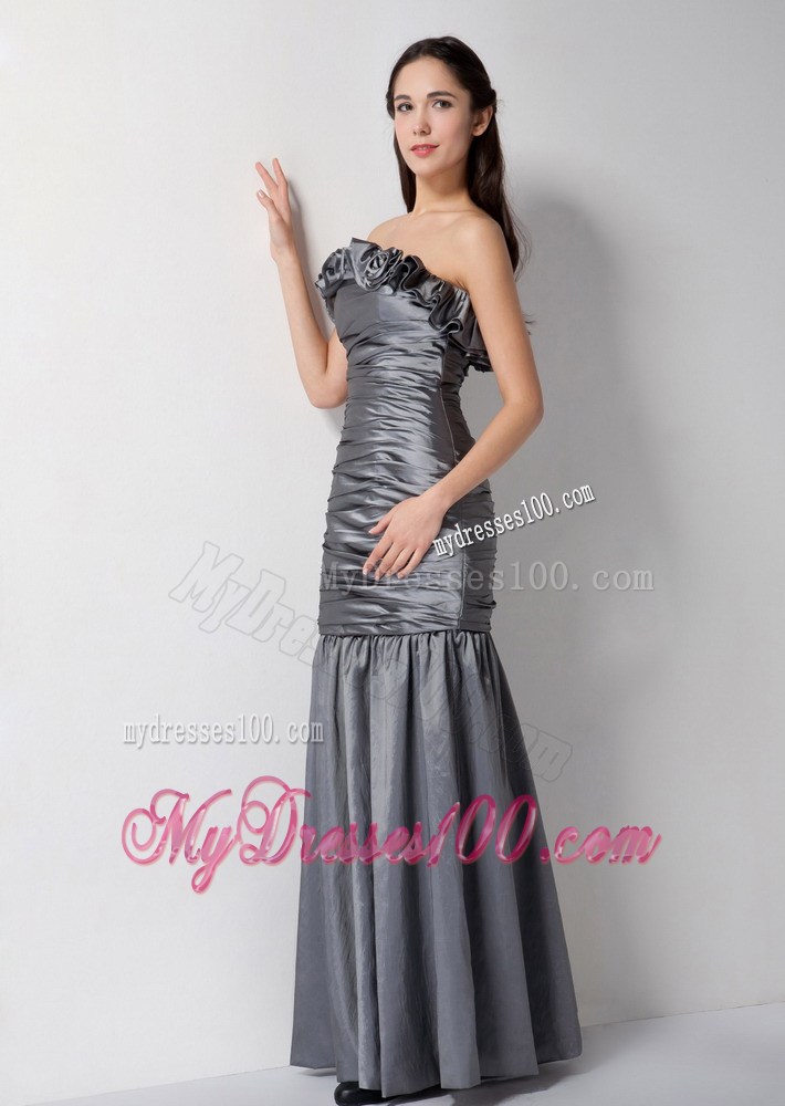 Ruffles Strapless Gray Celebrity Dresses with Hand Made Flowers