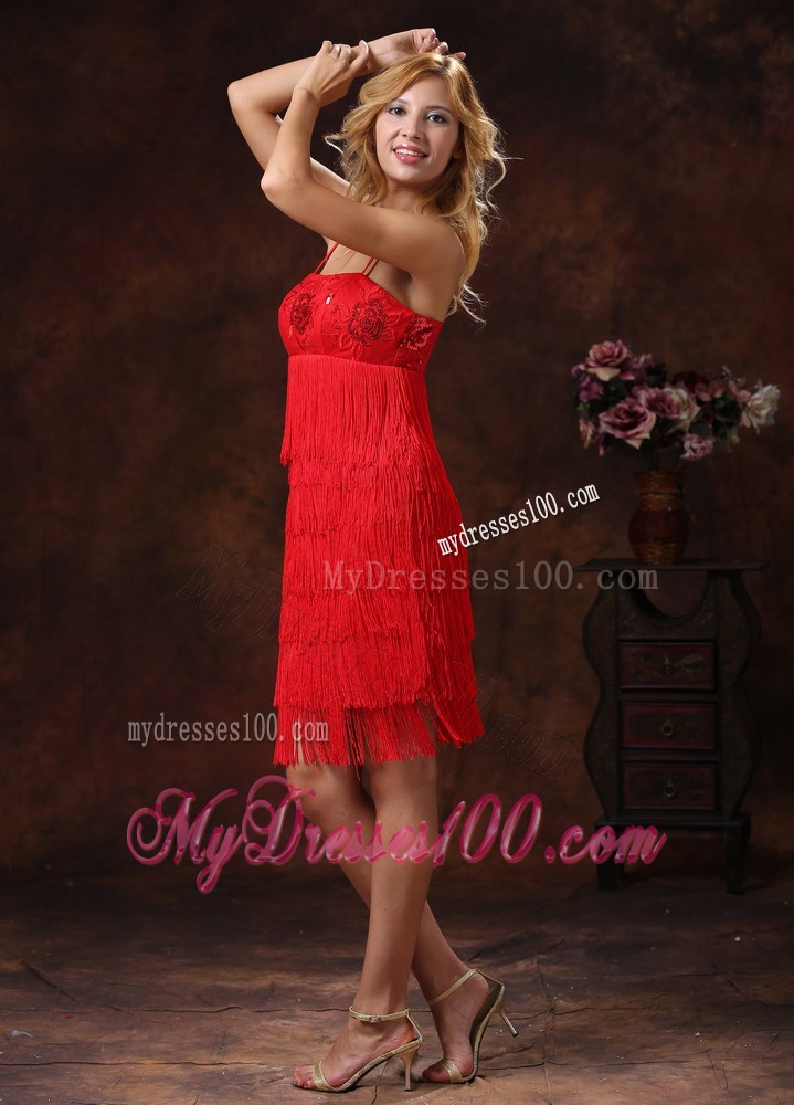 2013 Red Spaghetti Straps Embroidery With Sequins Knee-length Homecoming / Cocktail Dress