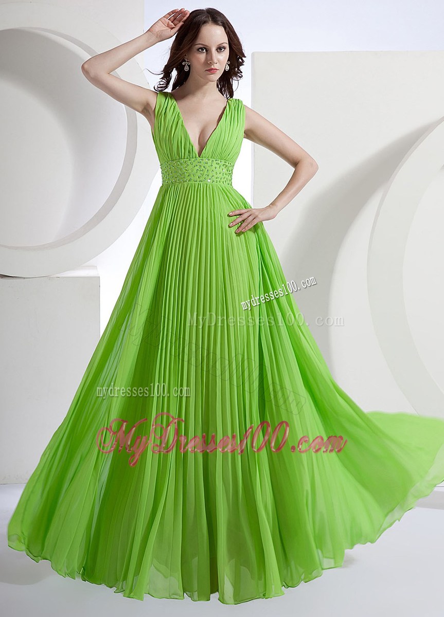 V-neck Floor-length Pleat Spring Green Prom Graduation Dresses