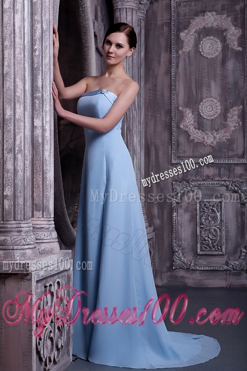 Pretty Light Blue Strapless Prom Graduation Dress Brush Train