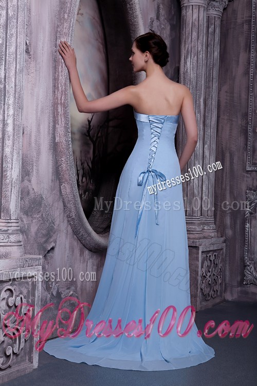Pretty Light Blue Strapless Prom Graduation Dress Brush Train
