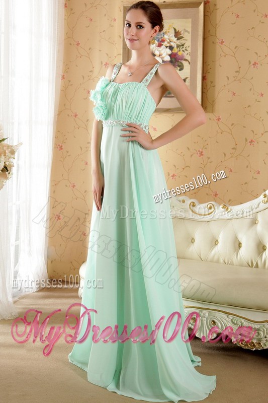 Apple Green Straps Brush Train Beading and Flowers Graduation Dress