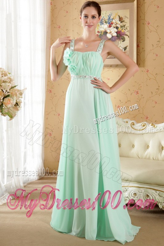 Apple Green Straps Brush Train Beading and Flowers Graduation Dress