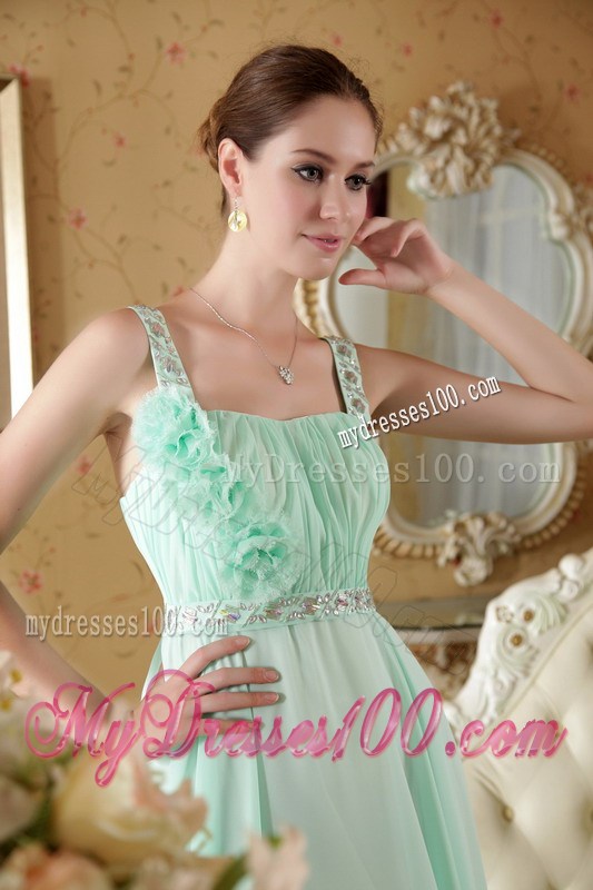 Apple Green Straps Brush Train Beading and Flowers Graduation Dress