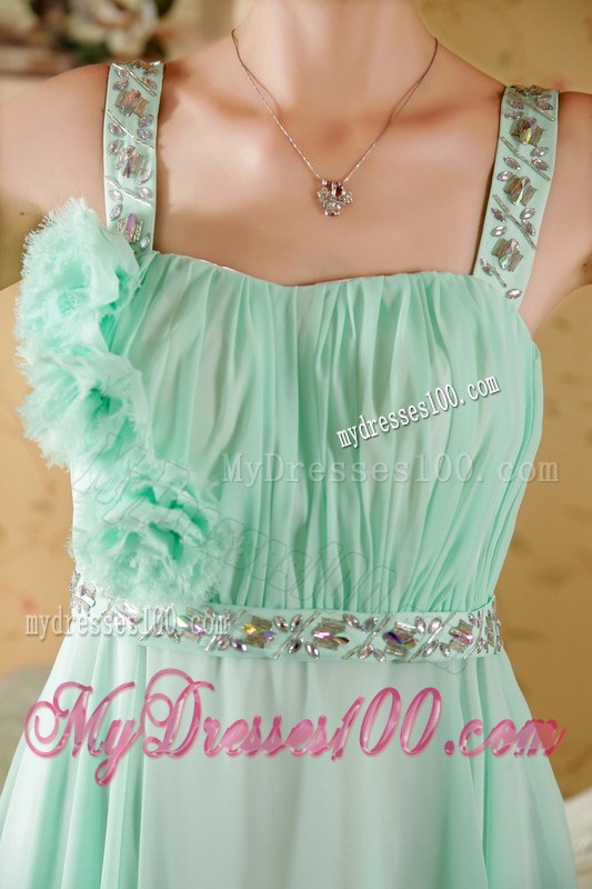Apple Green Straps Brush Train Beading and Flowers Graduation Dress