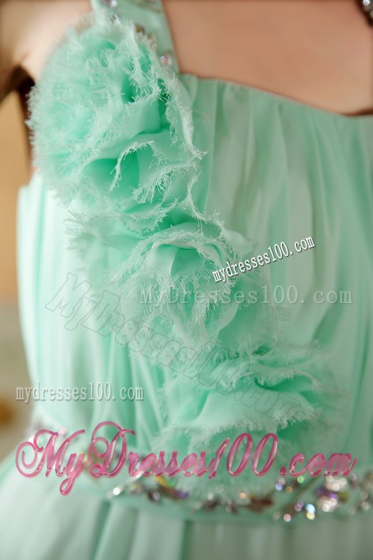 Apple Green Straps Brush Train Beading and Flowers Graduation Dress