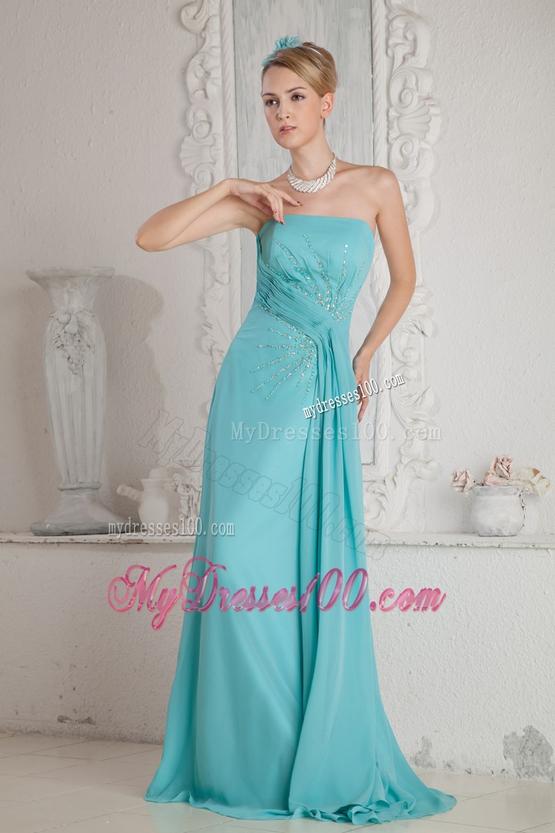Aqua Blue Empire Strapless Beading Graduation Dress Brush Train