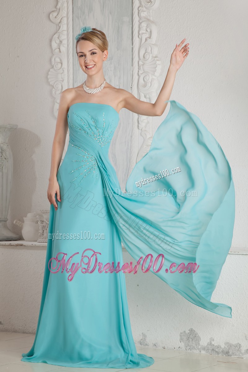 Aqua Blue Empire Strapless Beading Graduation Dress Brush Train