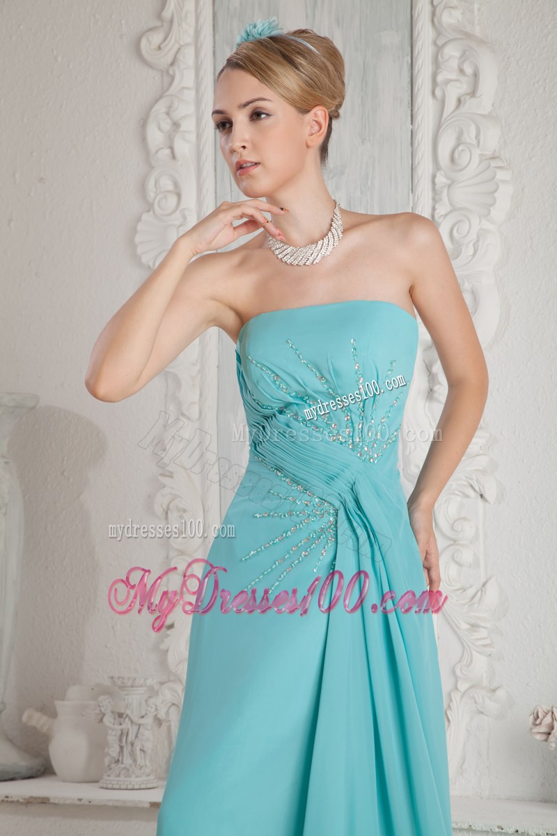 Aqua Blue Empire Strapless Beading Graduation Dress Brush Train