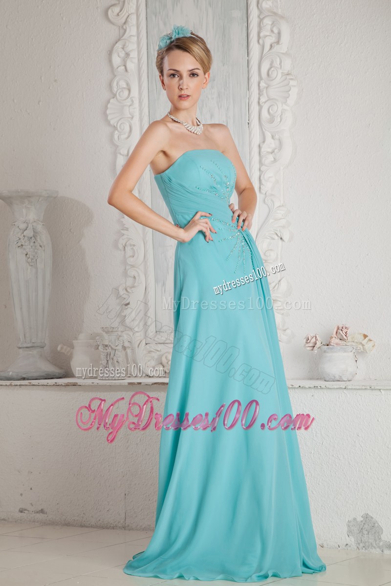 Aqua Blue Empire Strapless Beading Graduation Dress Brush Train