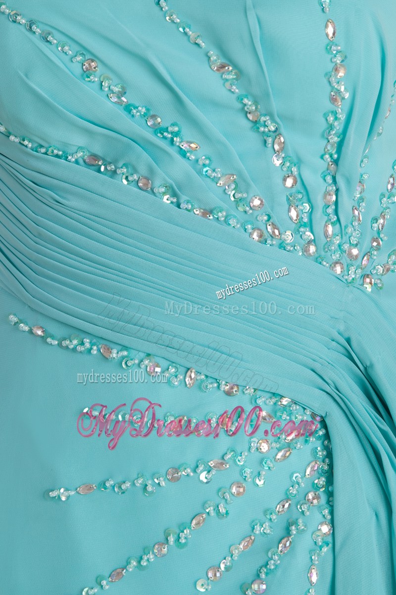 Aqua Blue Empire Strapless Beading Graduation Dress Brush Train