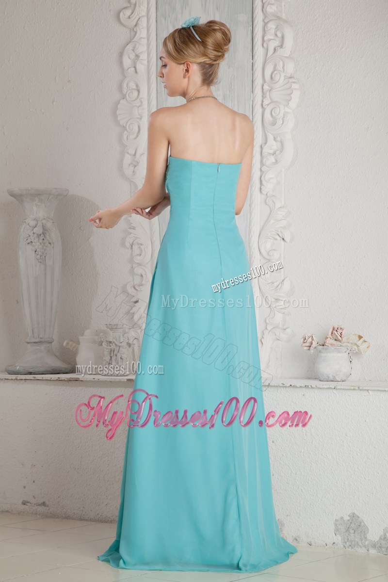 Aqua Blue Empire Strapless Beading Graduation Dress Brush Train