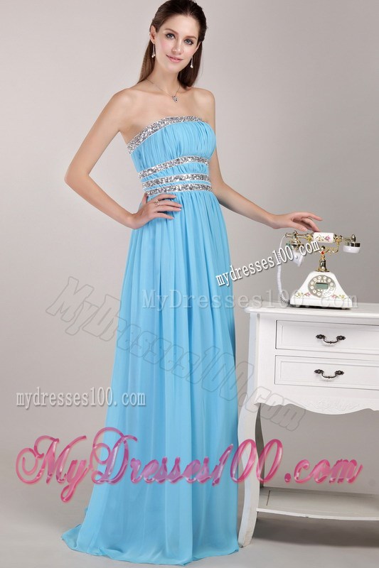 2013 Aqua Blue Empire Strapless Floor-length Beading Graduation Dresses