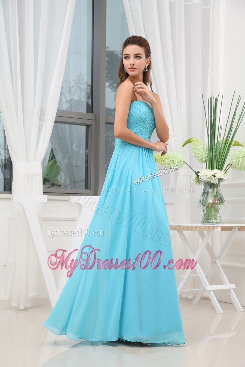 Aqua Blue Ruching Long Empire Prom Dress