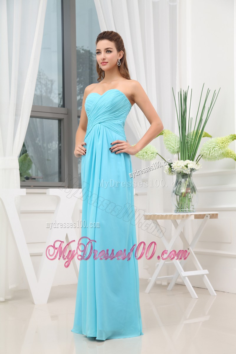Aqua Blue Ruching Long Empire Prom Dress