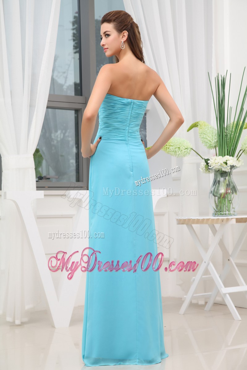 Aqua Blue Ruching Long Empire Prom Dress