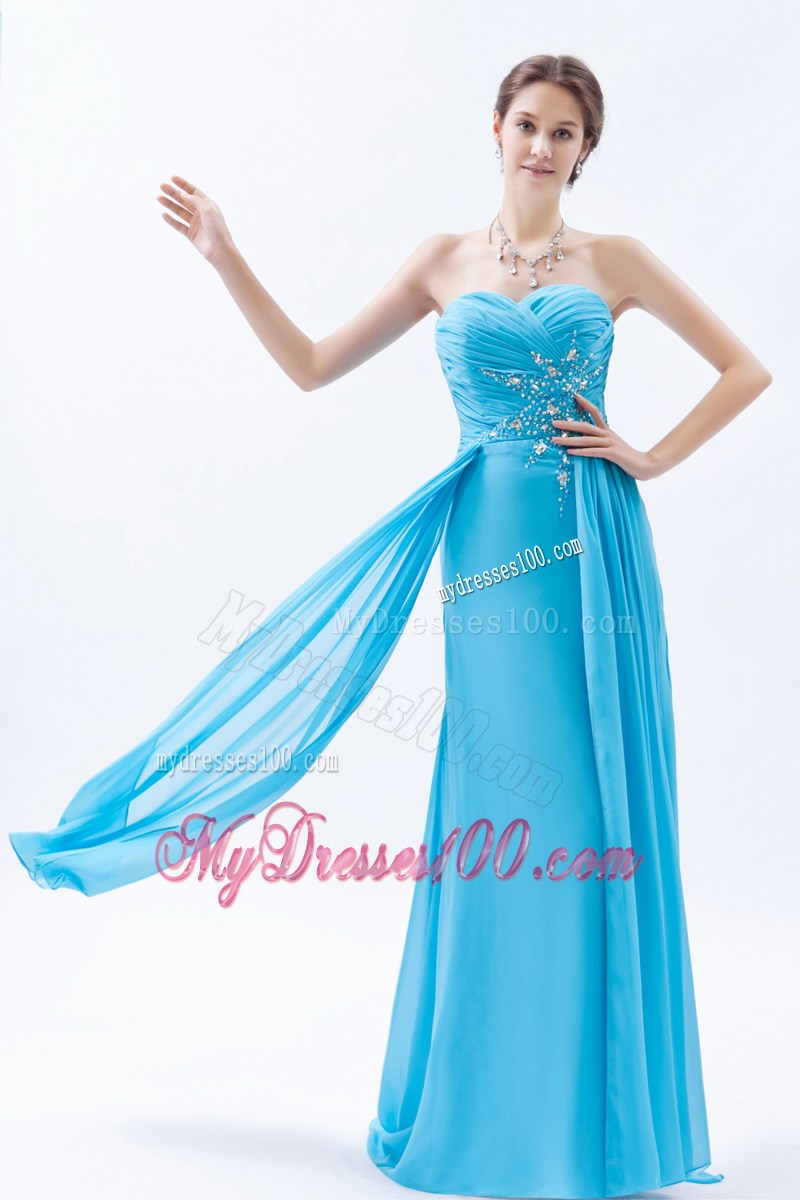 Aqua Blue Column Sweetheart Graduation Dress Beading Brush Train