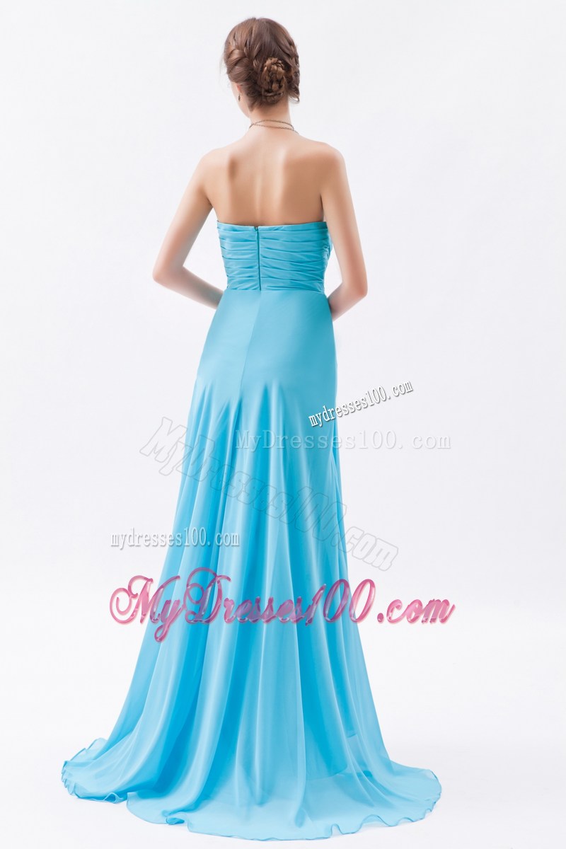Aqua Blue Column Sweetheart Graduation Dress Beading Brush Train