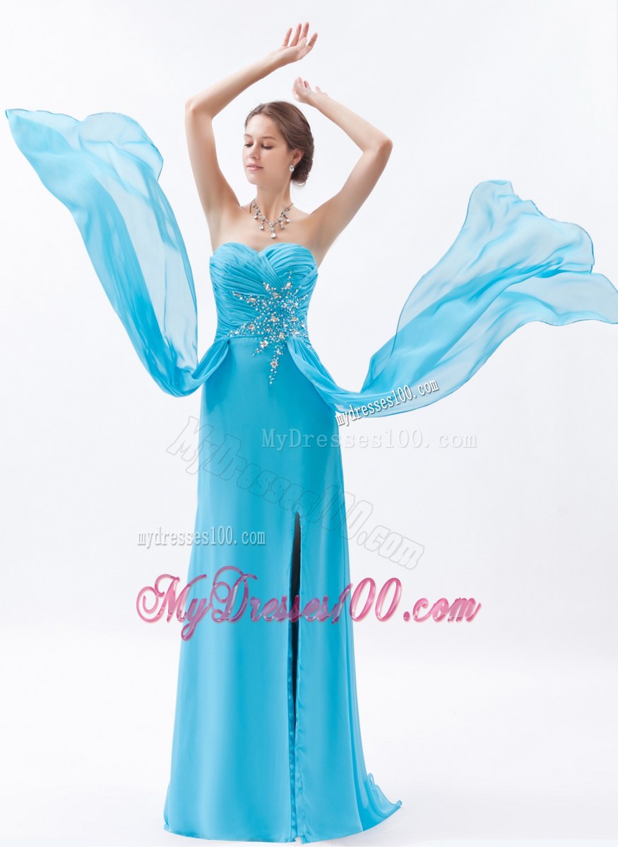 Aqua Blue Column Sweetheart Graduation Dress Beading Brush Train