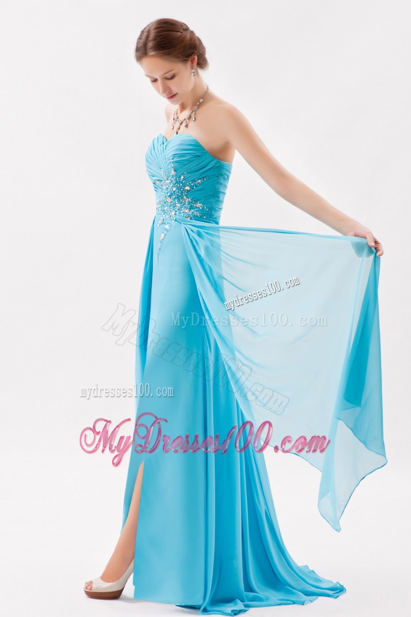 Aqua Blue Column Sweetheart Graduation Dress Beading Brush Train