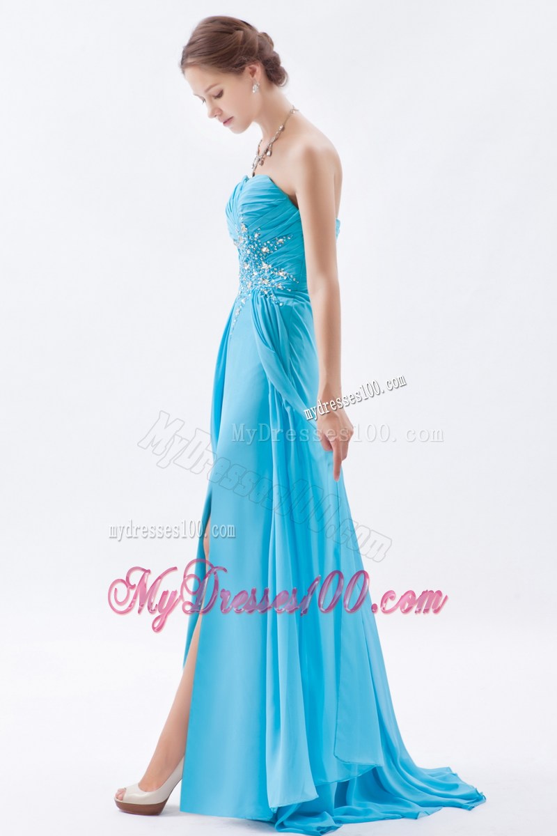 Aqua Blue Column Sweetheart Graduation Dress Beading Brush Train