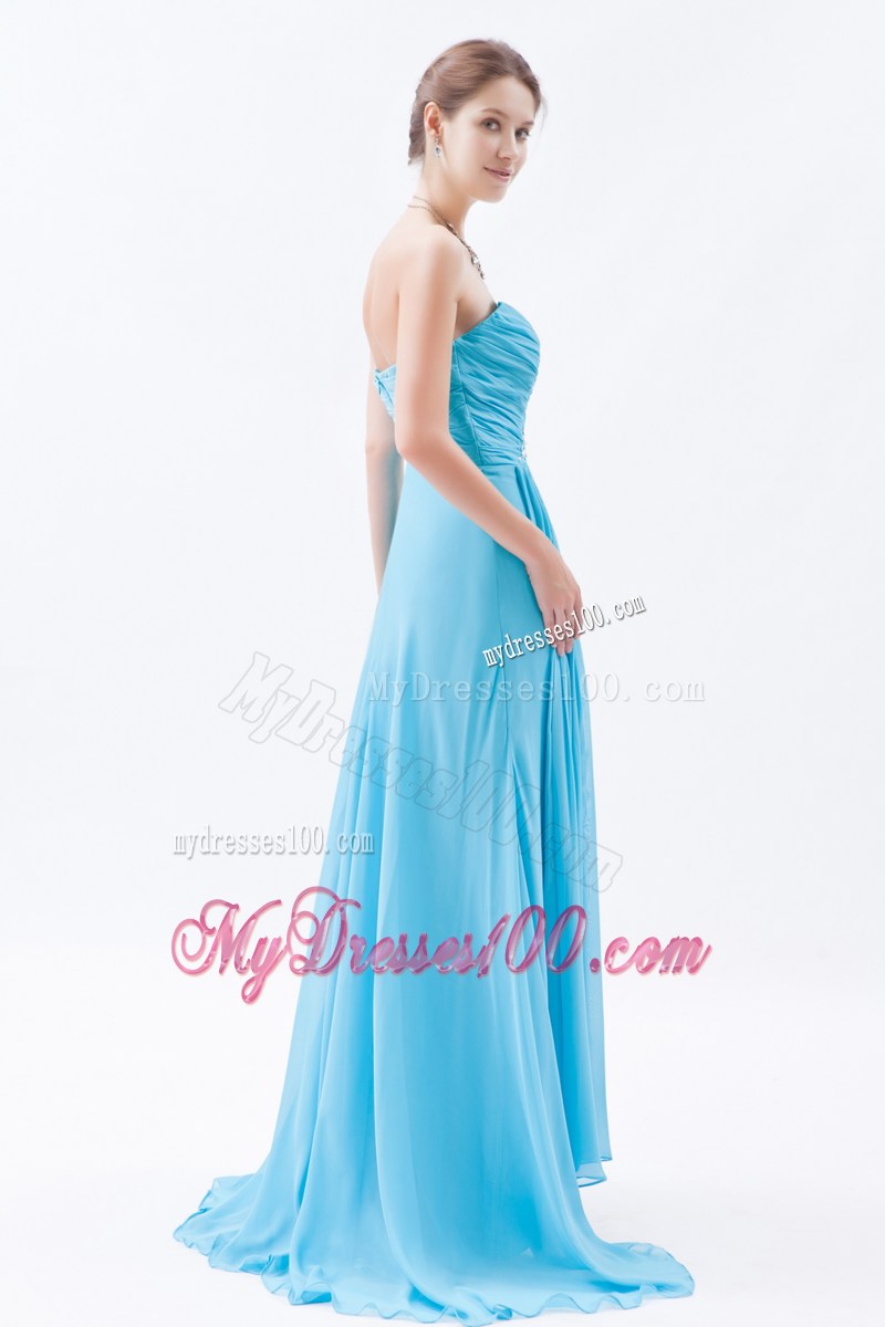 Aqua Blue Column Sweetheart Graduation Dress Beading Brush Train