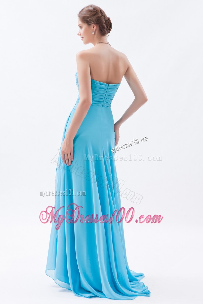 Aqua Blue Column Sweetheart Graduation Dress Beading Brush Train