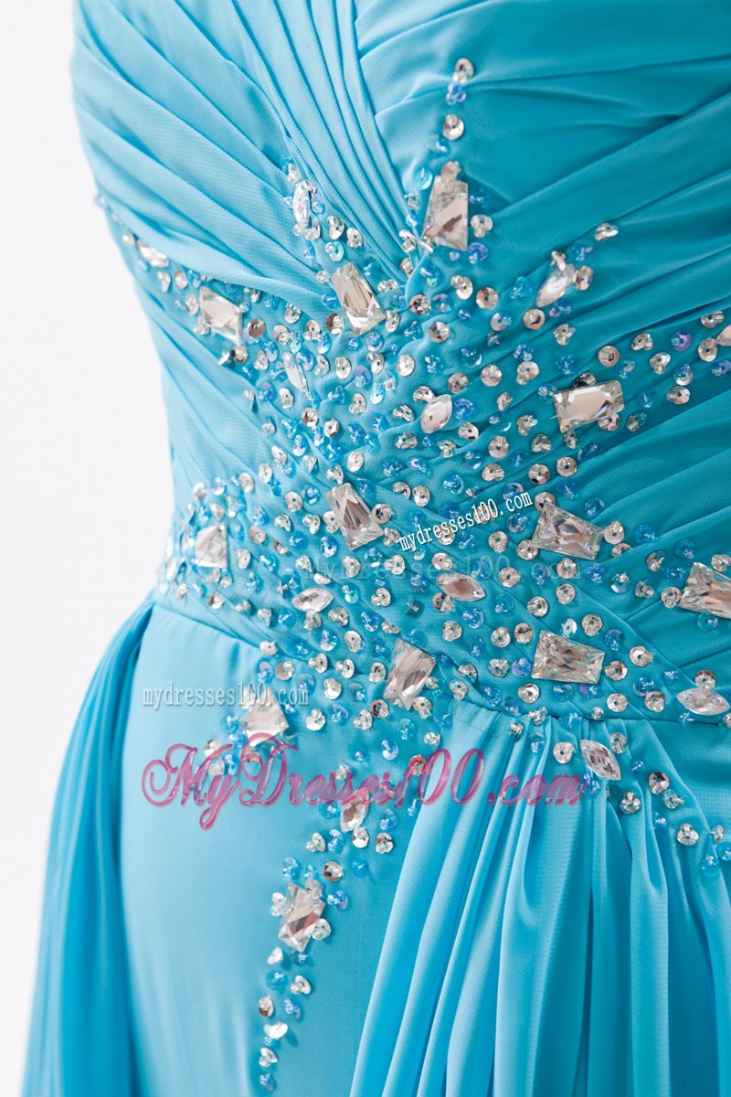 Aqua Blue Column Sweetheart Graduation Dress Beading Brush Train