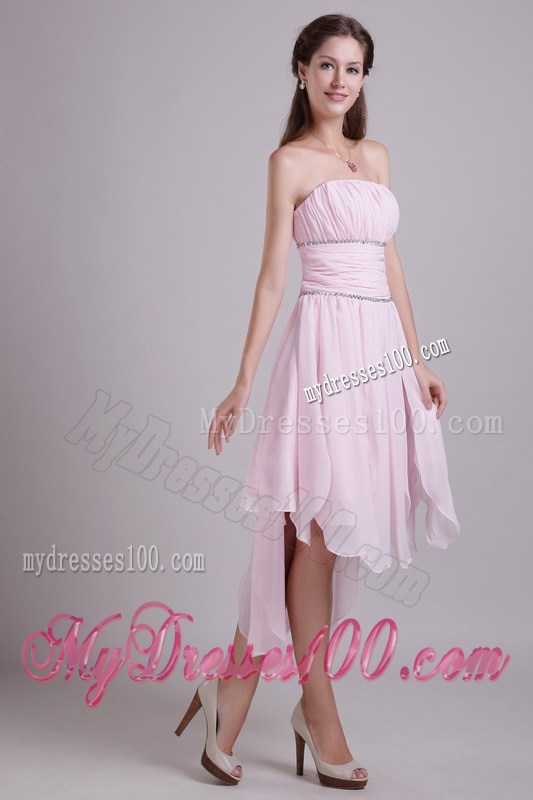 Pink Asymmetrical Strapless High-low Beaded Prom Graduation Dress