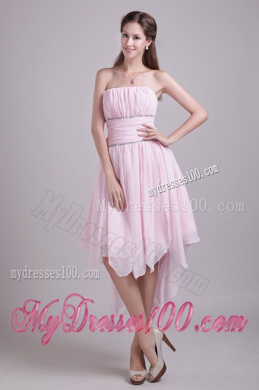 Pink Asymmetrical Strapless High-low Beaded Prom Graduation Dress
