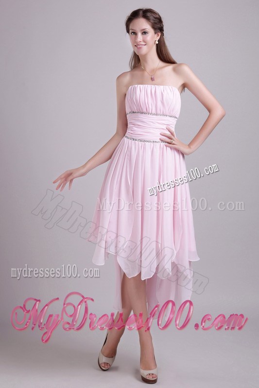 Pink Asymmetrical Strapless High-low Beaded Prom Graduation Dress