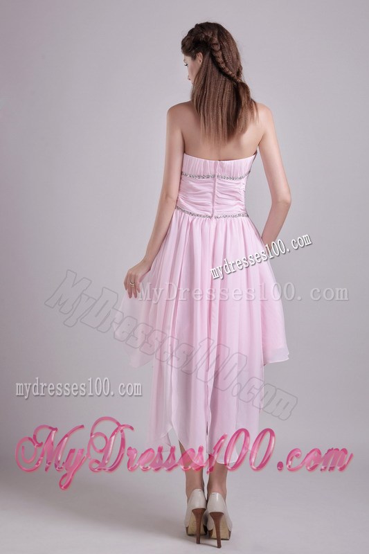Pink Asymmetrical Strapless High-low Beaded Prom Graduation Dress