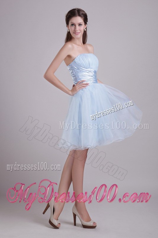Baby Blue Strapless Short Beading and Ruches Graduation Dress