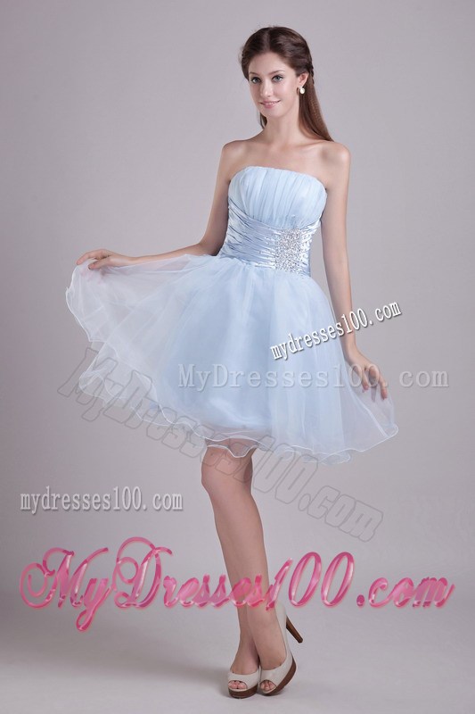 Baby Blue Strapless Short Beading and Ruches Graduation Dress