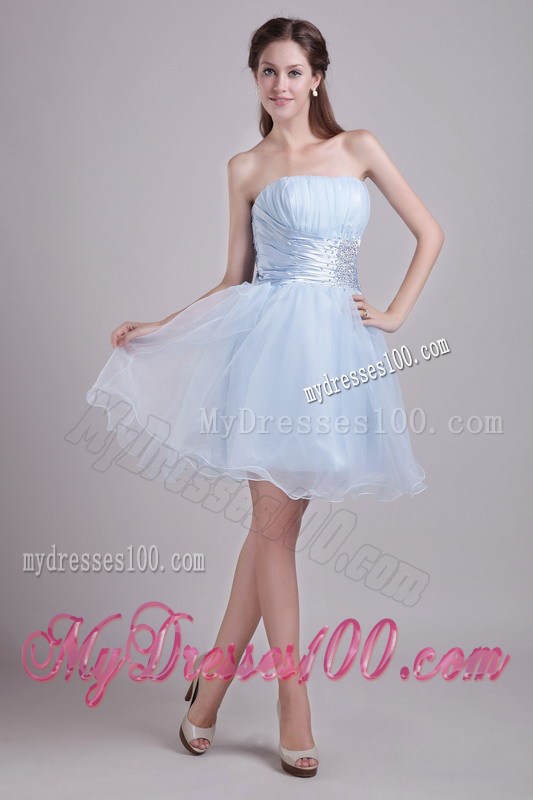 Baby Blue Strapless Short Beading and Ruches Graduation Dress