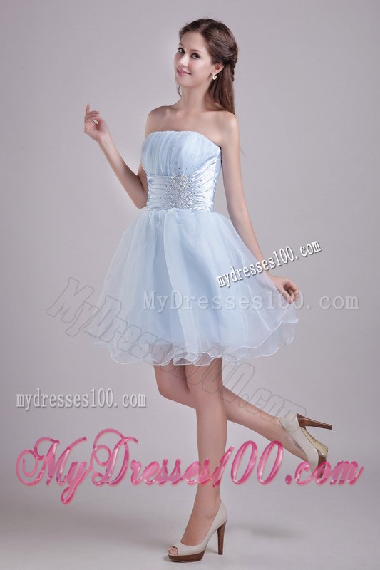 Baby Blue Strapless Short Beading and Ruches Graduation Dress