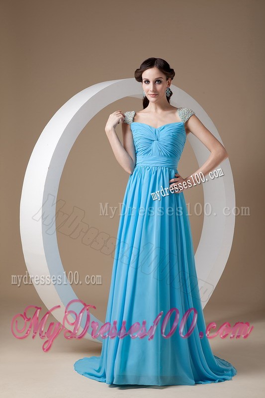 Customize Baby Blue Graduation Dress with Beading Square Brush Train