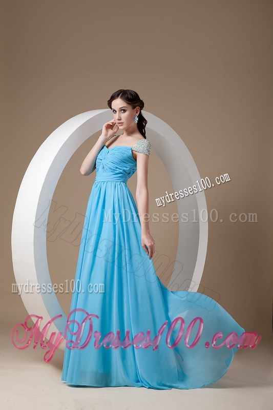 Customize Baby Blue Graduation Dress with Beading Square Brush Train