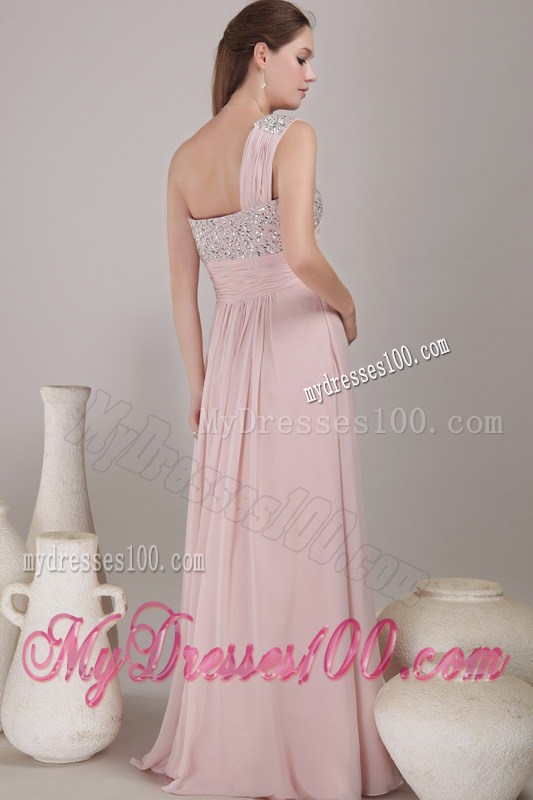 Baby Pink Empire One Shoulder Floor-length Beaded Graduation Dresses