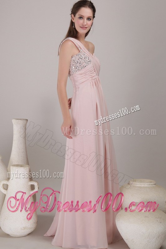Baby Pink Empire One Shoulder Floor-length Beaded Graduation Dresses