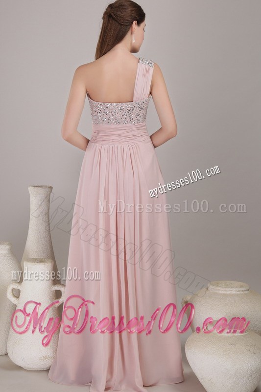 Baby Pink Empire One Shoulder Floor-length Beaded Graduation Dresses