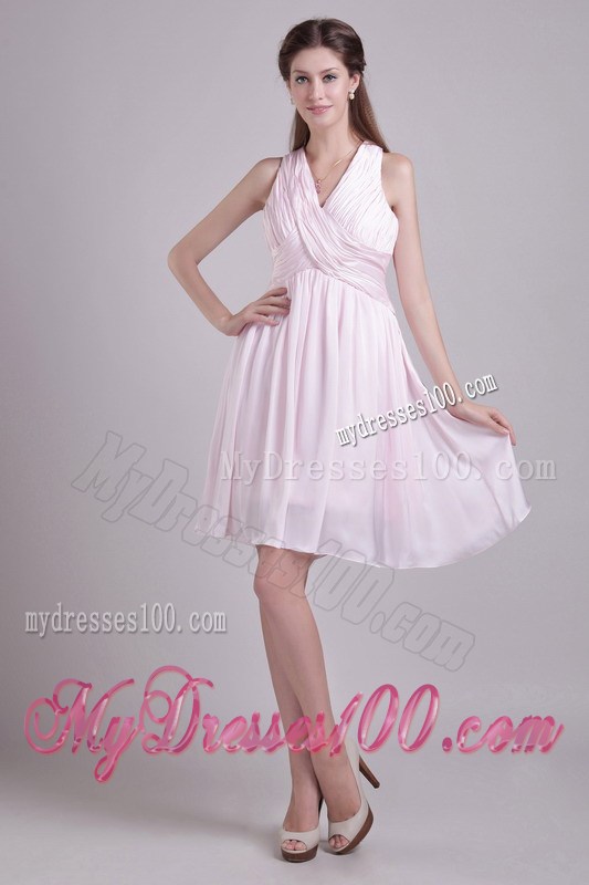 Baby Pink Empire V-neck Short Prom Graduation Dress with Ruches