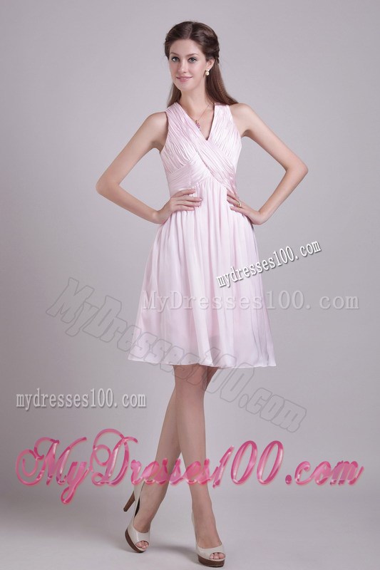 Baby Pink Empire V-neck Short Prom Graduation Dress with Ruches