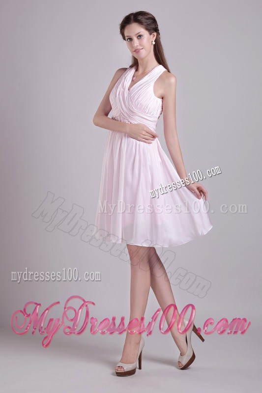 Baby Pink Empire V-neck Short Prom Graduation Dress with Ruches