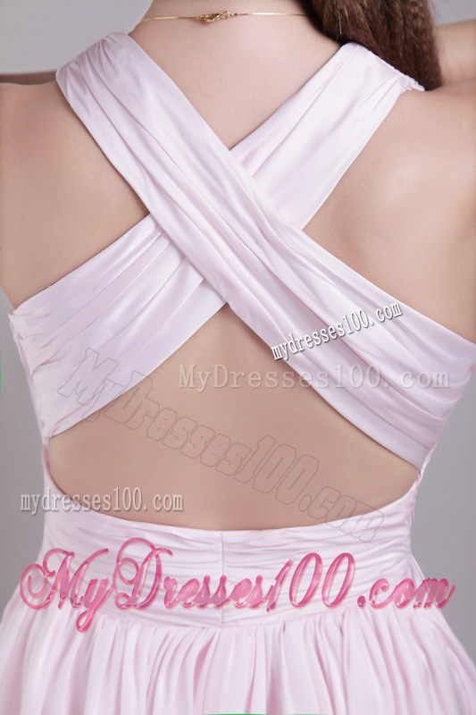 Baby Pink Empire V-neck Short Prom Graduation Dress with Ruches