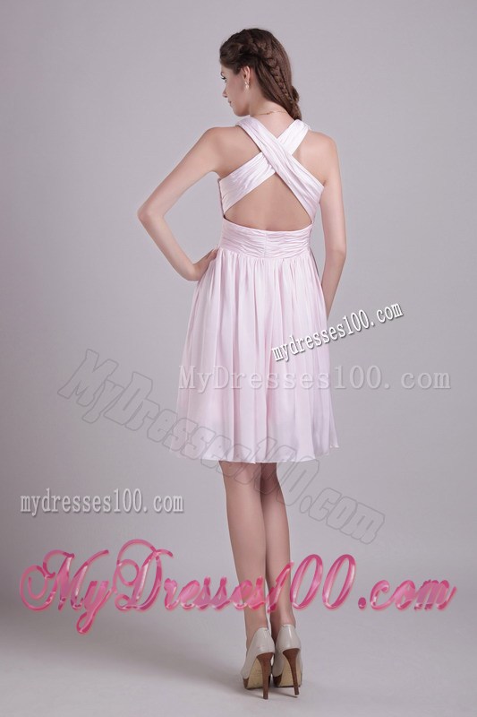 Baby Pink Empire V-neck Short Prom Graduation Dress with Ruches