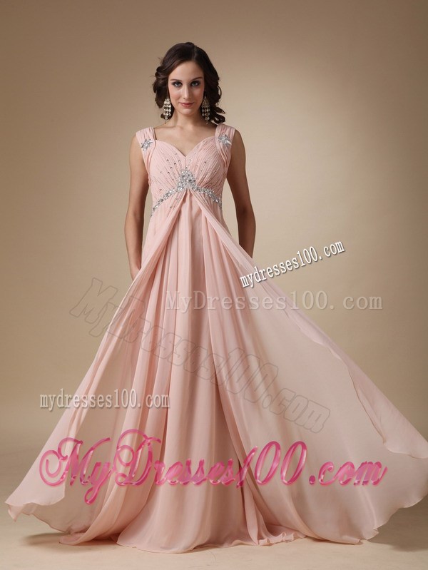 Baby Pink Empire Straps Court Train Graduation Dresses with Beading